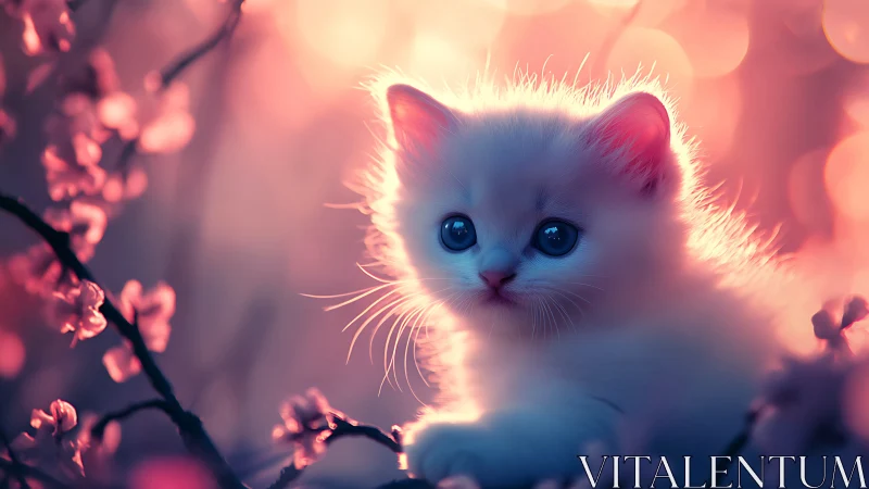 White Kitten with Blue Eyes Among Pink Blossoms.