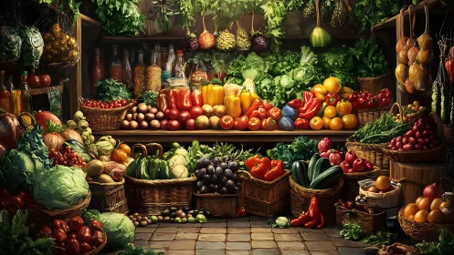 Digital still life of rustic vegetable market stall arrangement.