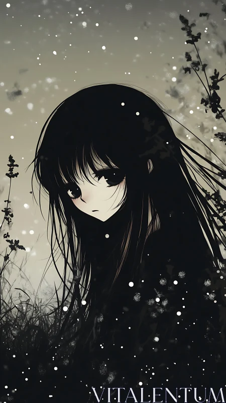 Melancholic anime girl in dark field with drifting snow.