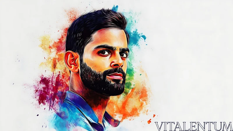 Vibrant male portrait emerges from splashed color clouds.