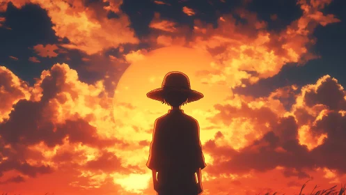 Sunset-drenched wanderer quietly measures the burning horizon