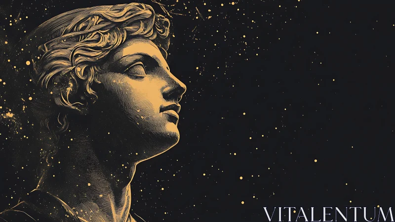 Golden classical bust gazes upward through cosmic dust