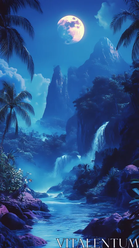Moonlit tropical river flows through blue misty waterfalls