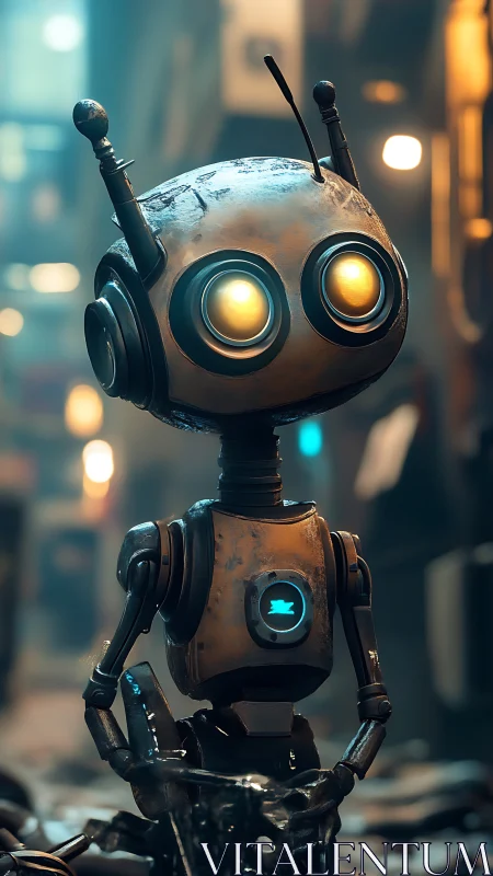 Rust-kissed alley robot cradles a hopeful blue heartbeat.