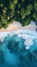 Aerial View of Tropical Coastline with Waves.