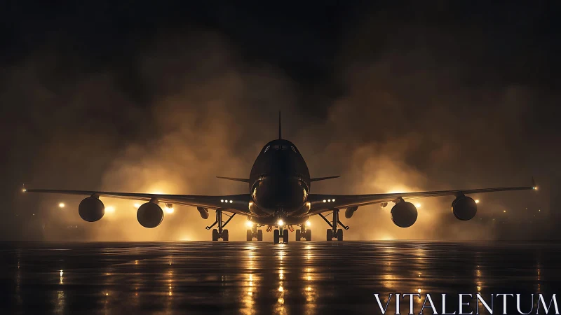 Passenger jet stands on wet runway at night in fog.