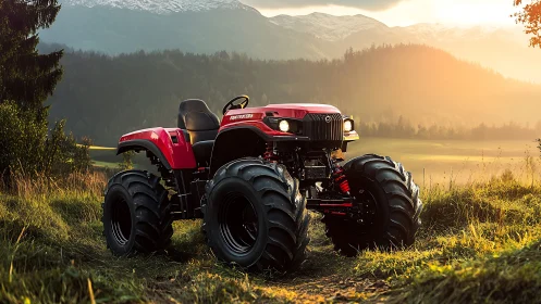Red off-road tractor dominates mountain valley trail at sunset