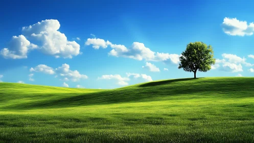 Solitary tree on luminous rolling meadow under vivid sky.