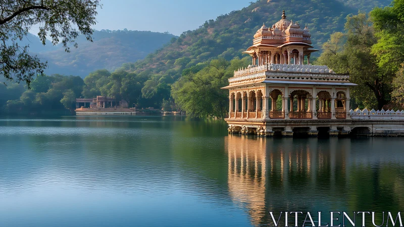 Lakeside pavilion with domed architecture in wooded hills.
