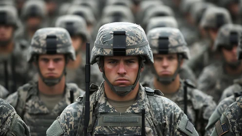 Steady formation of focused soldiers stands in quiet resolve