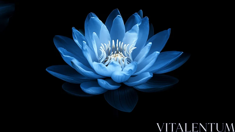 Blue Lotus Flower Illuminated Against Black Background.