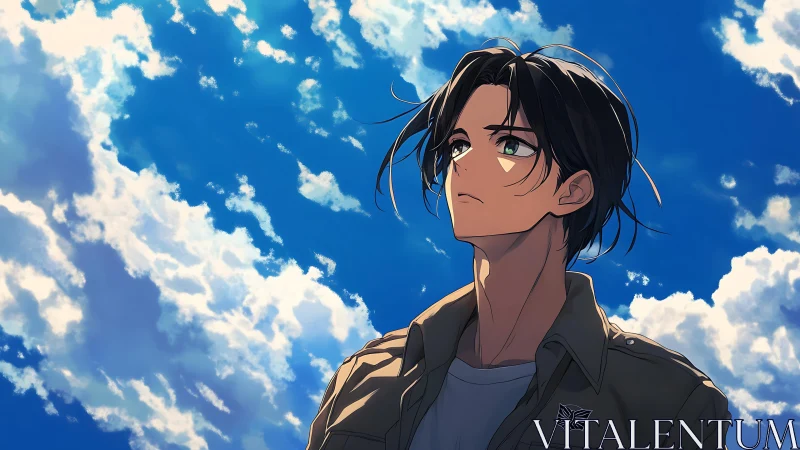 Anime portrait under cinematic sky with dynamic cloudscape.