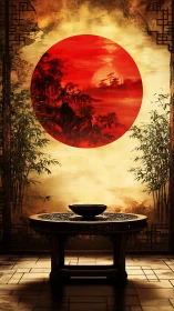 Red sun mural above ornate tea table in zen interior.