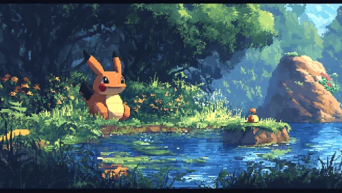 Pixel forest pond scene shows two creatures near water