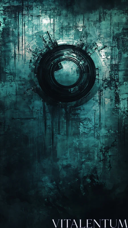 Centrifugal data core embedded in corroded teal substrate.