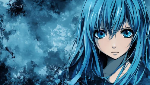 Blue haired anime girl stares ahead in a stormy void