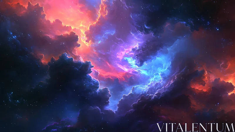 Cosmic nebula clouds ignite vivid blue and crimson light.