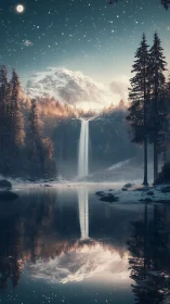 Moonlit alpine waterfall mirrored on tranquil winter lake.