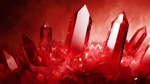 High-gloss ruby crystal cluster under diffuse red backlight