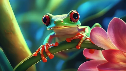 Vivid tree frog on tropical branch with glowing petals.