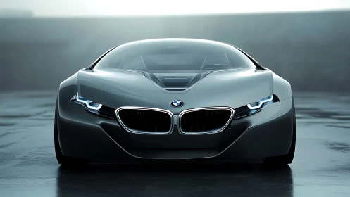 Front view of modern BMW concept sports coupe on wet surface.