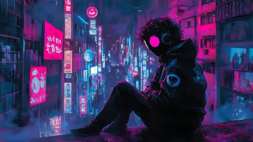 Neon city hum cradles a masked loner in electric solitude