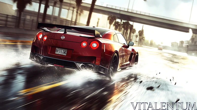 High-speed red Nissan GT-R on wet urban highway at sunrise