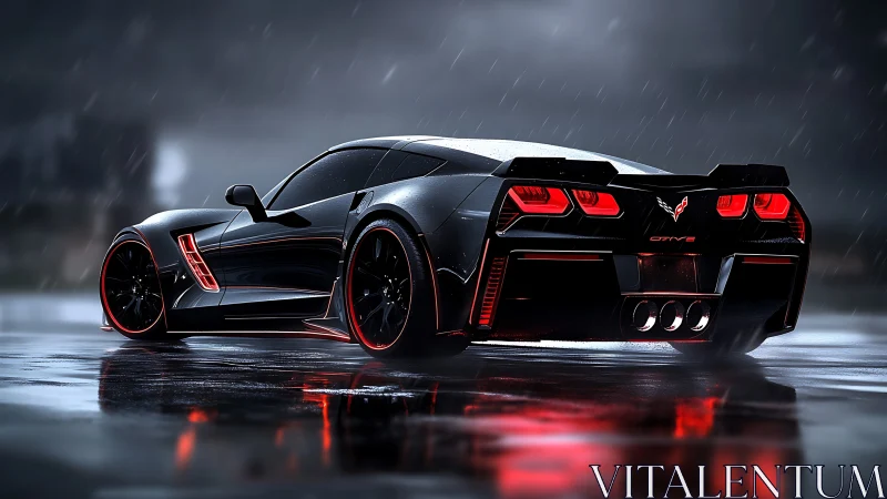 Rain-soaked black sports coupe with neon red aerodynamic accents.