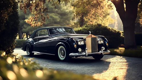 Classic luxury coupe gleams on a sunlit garden drive.