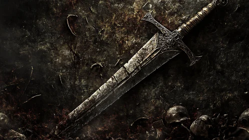 Ancient battle sword rests amid shattered armor and ash