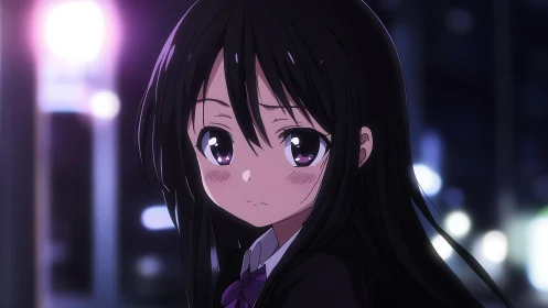 Shy anime schoolgirl at night with soft city lights.