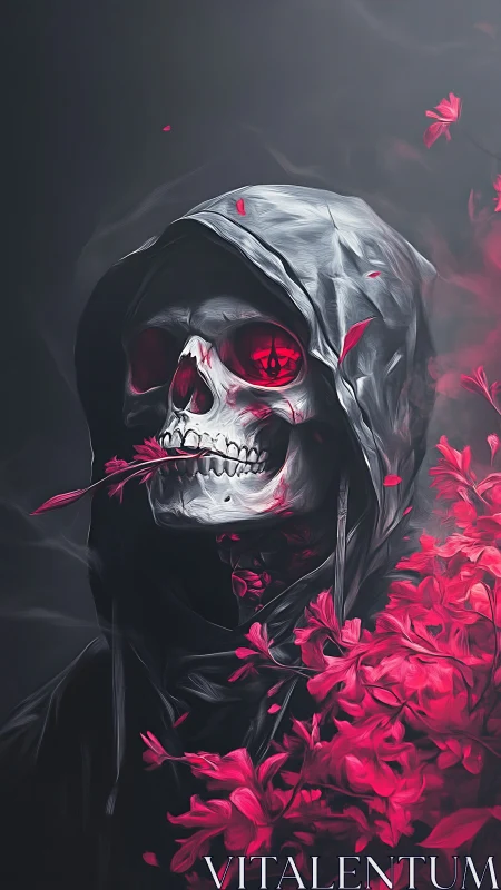 Hooded crimson reaper amid luminous scarlet blossoms.