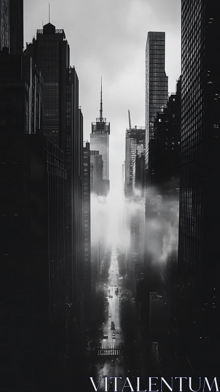 Monochrome skyscraper canyon over misty urban avenue.