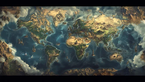 Fantasy world map of continents with ships and cities.
