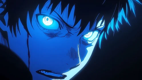 Glowing blue anime eyes burn with intense, vengeful resolve