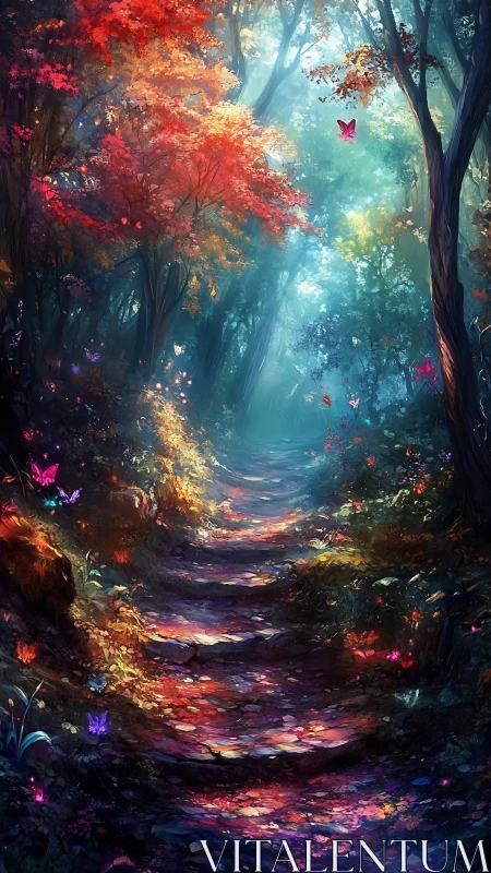 Forest pathway with luminous vegetation and butterfly elements.