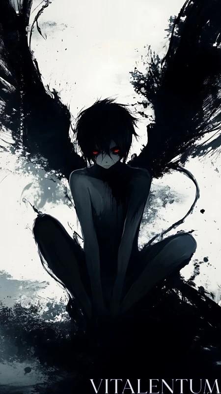 Dark winged figure with glowing red eyes in ink splatter.