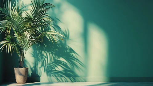 Sunlit palm in a teal room casts soft, calming shadows