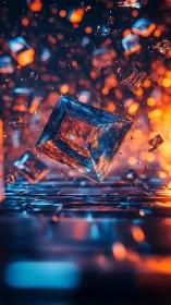 Glowing geometric crystal forms hover over reflective grid.