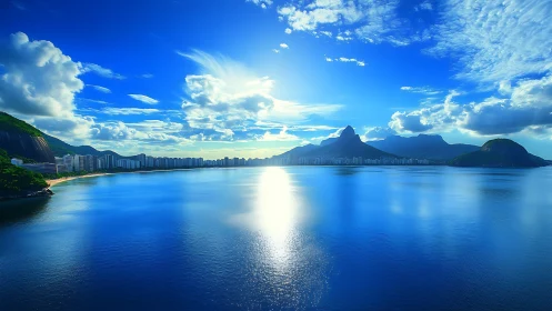 Photorealistic coastal skyline with reflective blue seascape.