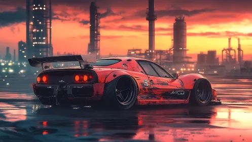 Cyberpunk widebody street racer at neon refinery dusk scene.