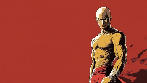 Bare-chested anime warrior smolders on burning red stage.