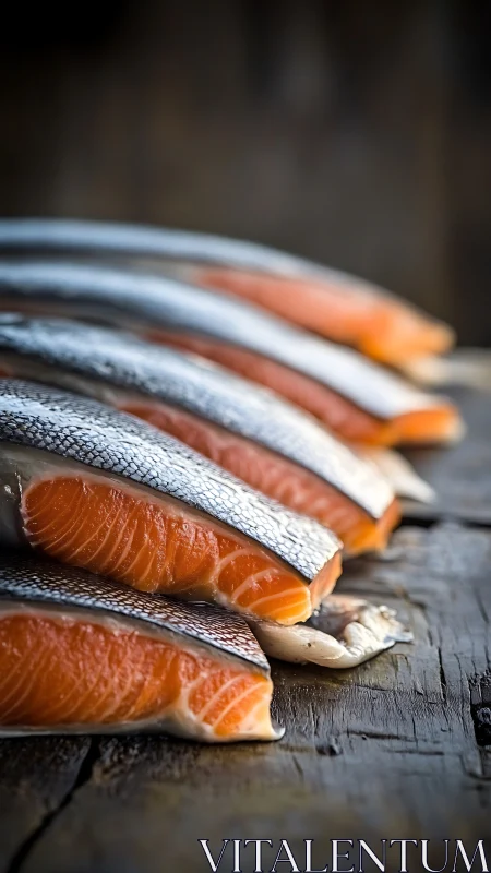 Photorealistic salmon fillets in shallow focus on rustic board.