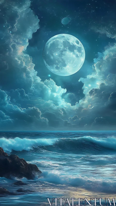 Moonlit waves under dreamy celestial night sky.