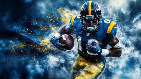 Explosive digital rendering of NFL running back in motion surge