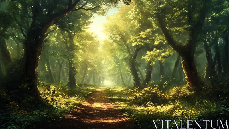 Sunlit forest path glowing through ancient trees.