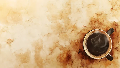 Steaming coffee cup rests on a textured stained parchment surface