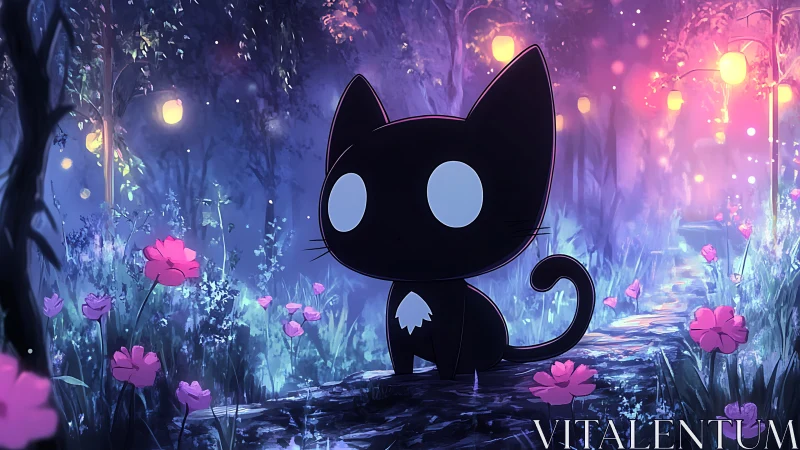 Enchanted black cat pauses on a glowing forest path at dusk