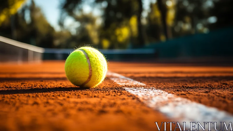Bright tennis ball rests on sunlit clay court baseline