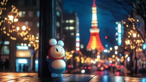 Cartoon character leans on lamppost in night city street